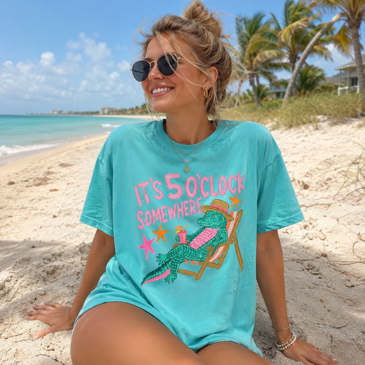 5 o’clock somewhere on lagoon blue CC tee