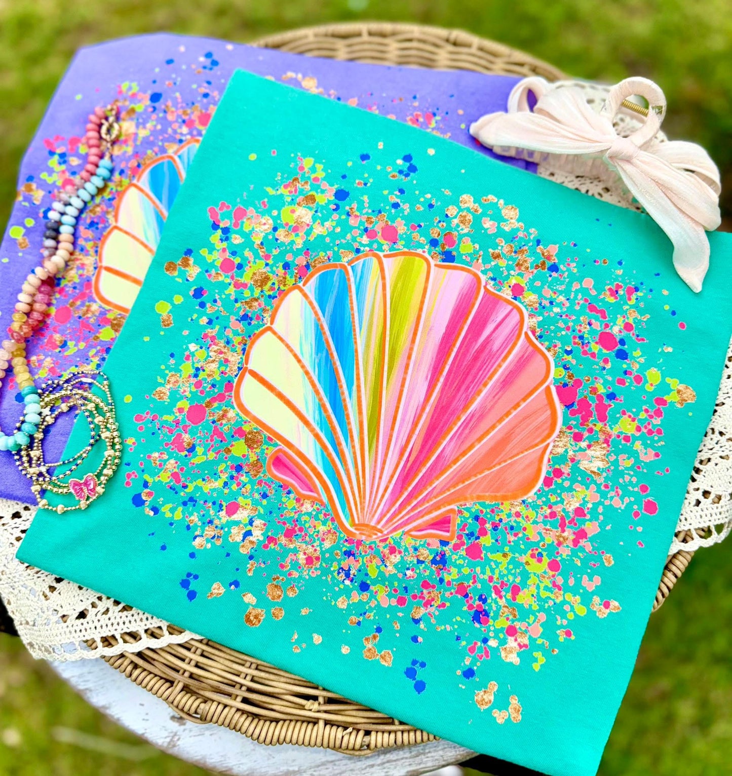 Seashell splatter teal Bella canvas